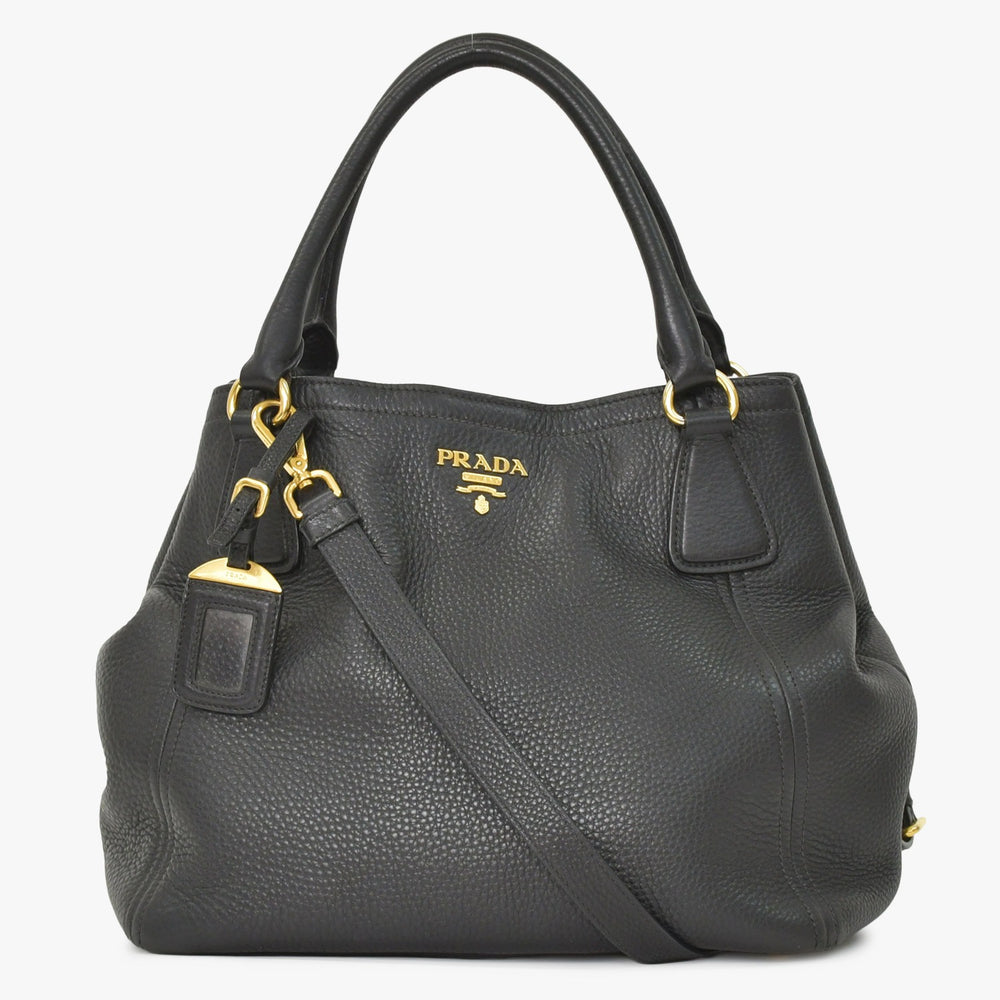 極美品 PRADA プラダ 2WAY バッグ トートバッグ ショルダーバッグ レザー ブラック ゴールド金具 中古 4a003704