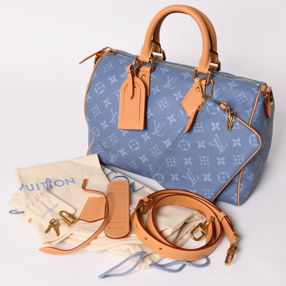 Like new LOUIS VUITTON Speedy P9 Bandouliere 30 Handbag M13904 Monogram Silk Blue Used 4a002751