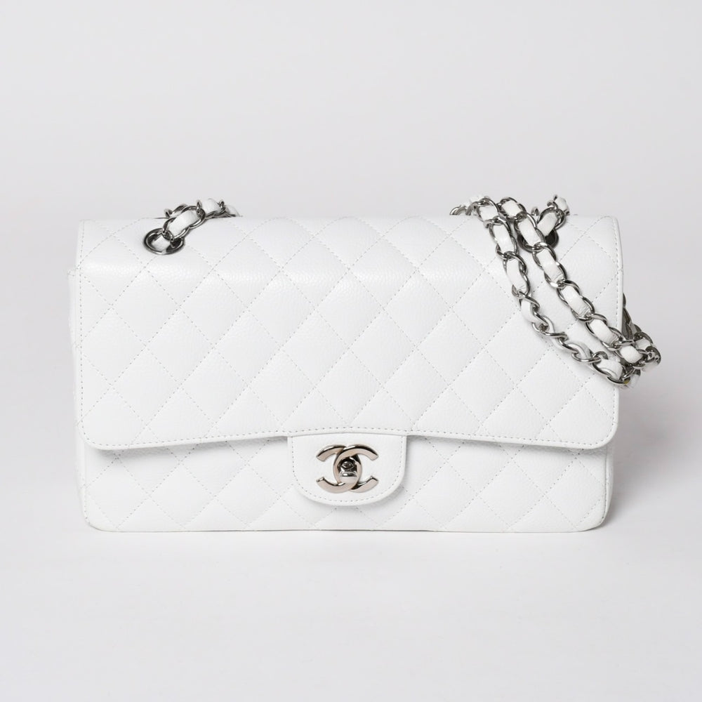 極美品 CHANEL シャネル マトラッセ25 Wフラップ Wチェーンショルダーバッグ 12番台 キャビアスキン ホワイト シルバー金具 中古 4a002758