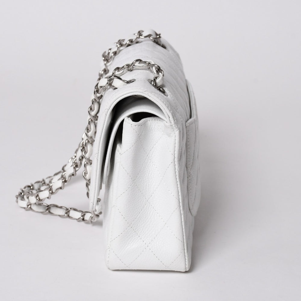 極美品 CHANEL シャネル マトラッセ25 Wフラップ Wチェーンショルダーバッグ 12番台 キャビアスキン ホワイト シルバー金具 中古 4a002758