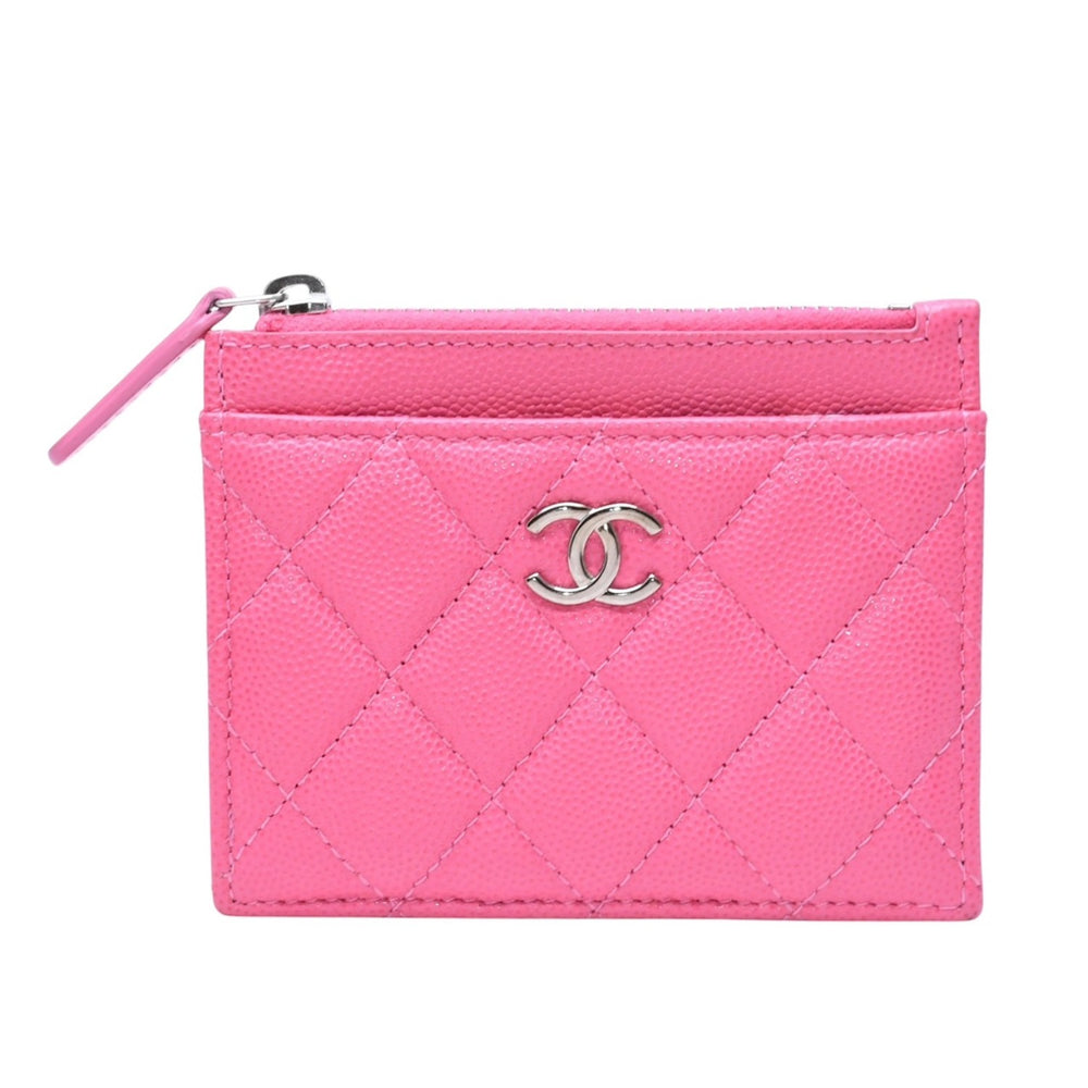 Like new CHANEL Classic Zip Card Case 30s Matelasse Caviar Skin Pink Coco Mark CC Mark Metal Silver Used 4a002770