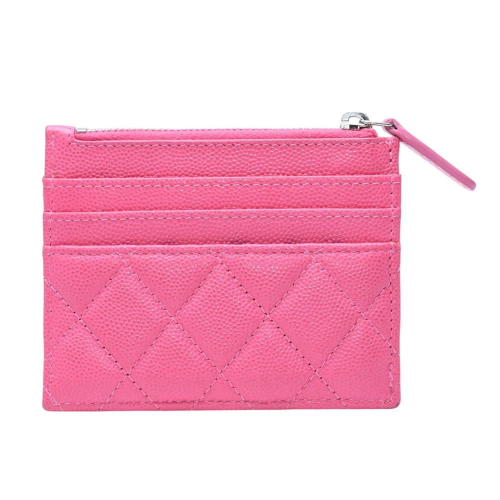 Like new CHANEL Classic Zip Card Case 30s Matelasse Caviar Skin Pink Coco Mark CC Mark Metal Silver Used 4a002770