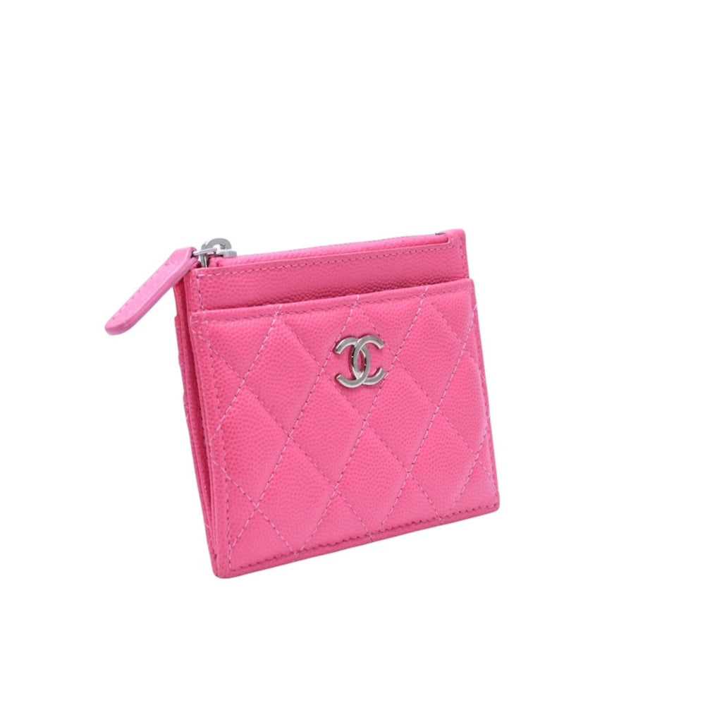 Like new CHANEL Classic Zip Card Case 30s Matelasse Caviar Skin Pink Coco Mark CC Mark Metal Silver Used 4a002770