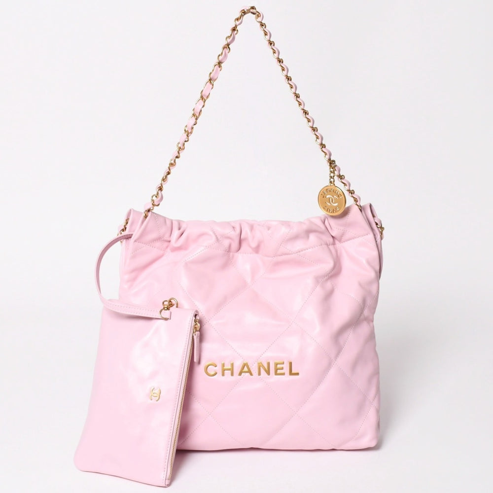 新品同様 CHANEL シャネル 22 ハンドバッグ ショルダーバッグ ランダム番台 シャイニーカーフスキン ピンク 桜色 シルバー金具 中古 4a002769
