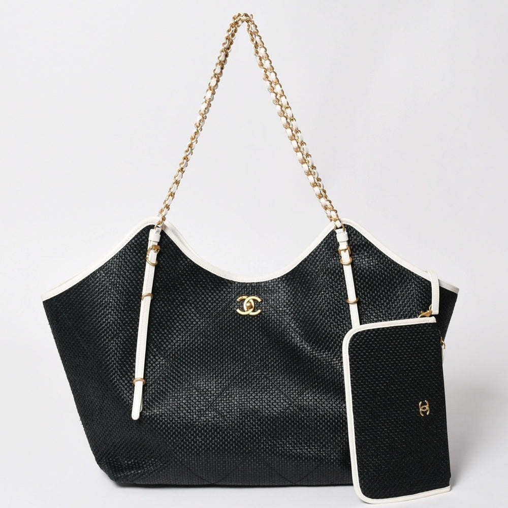新品同様 CHANEL シャネル マキシショッピングバッグ ブレードラフィアエフェクトキャンバス カーフスキン CCロゴ ゴールド金具 レザー編み込み ランダム番台 中古 4a002469