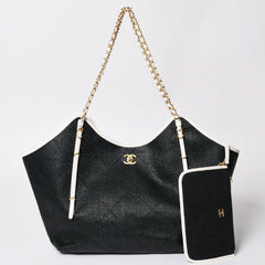 新品同様 CHANEL シャネル マキシショッピングバッグ ブレードラフィアエフェクトキャンバス カーフスキン CCロゴ ゴールド金具 レザー編み込み ランダム番台 中古 4a002469