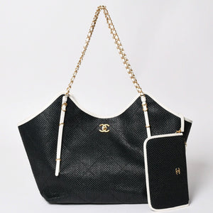 新品同様 CHANEL シャネル マキシショッピングバッグ ブレードラフィアエフェクトキャンバス カーフスキン CCロゴ ゴールド金具 レザー編み込み ランダム番台 中古 4a002469