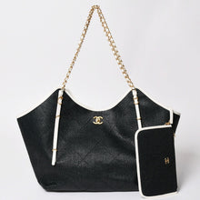 画像をギャラリービューアに読み込む, 新品同様 CHANEL シャネル マキシショッピングバッグ ブレードラフィアエフェクトキャンバス カーフスキン CCロゴ ゴールド金具 レザー編み込み ランダム番台 中古 4a002469
