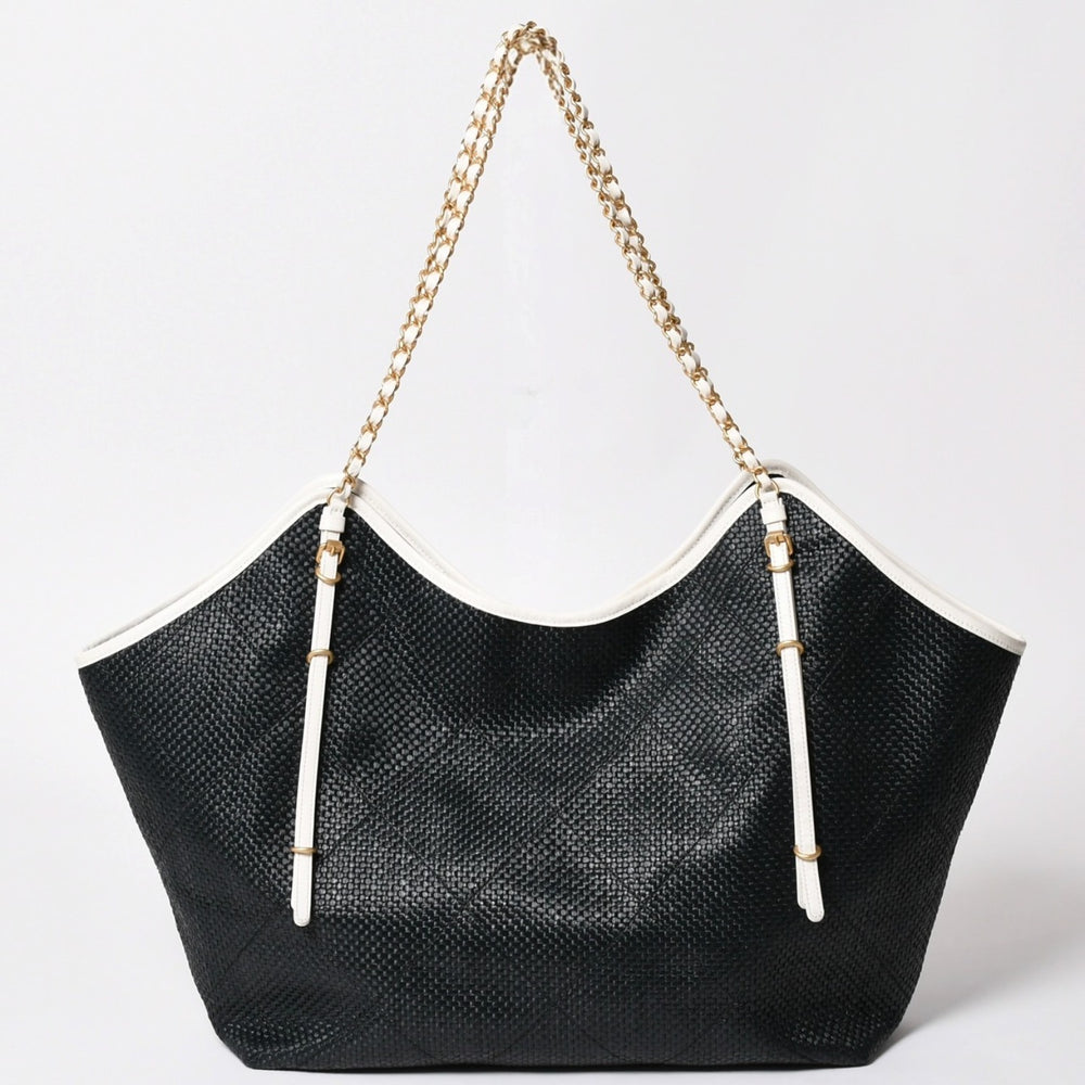 新品同様 CHANEL シャネル マキシショッピングバッグ ブレードラフィアエフェクトキャンバス カーフスキン CCロゴ ゴールド金具 レザー編み込み ランダム番台 中古 4a002469