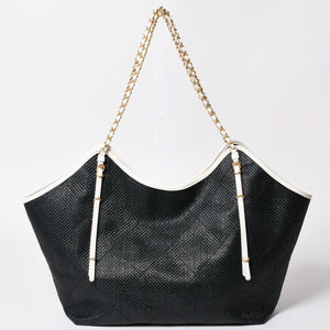 新品同様 CHANEL シャネル マキシショッピングバッグ ブレードラフィアエフェクトキャンバス カーフスキン CCロゴ ゴールド金具 レザー編み込み ランダム番台 中古 4a002469
