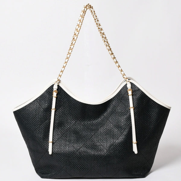 新品同様 CHANEL シャネル マキシショッピングバッグ ブレードラフィアエフェクトキャンバス カーフスキン CCロゴ ゴールド金具 レザー編み込み ランダム番台 中古 4a002469