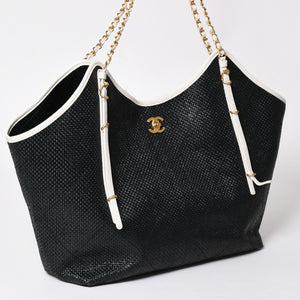 新品同様 CHANEL シャネル マキシショッピングバッグ ブレードラフィアエフェクトキャンバス カーフスキン CCロゴ ゴールド金具 レザー編み込み ランダム番台 中古 4a002469