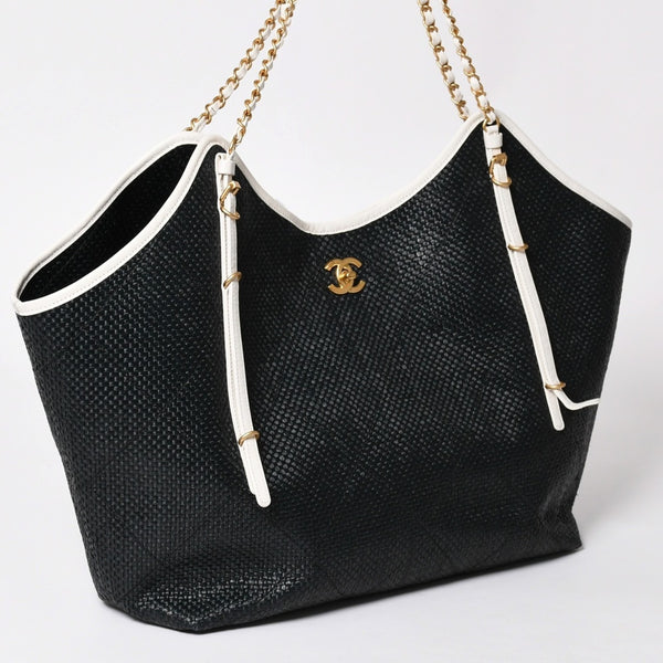 新品同様 CHANEL シャネル マキシショッピングバッグ ブレードラフィアエフェクトキャンバス カーフスキン CCロゴ ゴールド金具 レザー編み込み ランダム番台 中古 4a002469