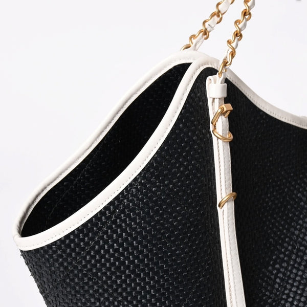 新品同様 CHANEL シャネル マキシショッピングバッグ ブレードラフィアエフェクトキャンバス カーフスキン CCロゴ ゴールド金具 レザー編み込み ランダム番台 中古 4a002469