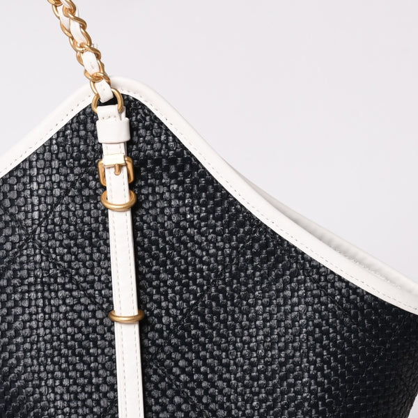 新品同様 CHANEL シャネル マキシショッピングバッグ ブレードラフィアエフェクトキャンバス カーフスキン CCロゴ ゴールド金具 レザー編み込み ランダム番台 中古 4a002469