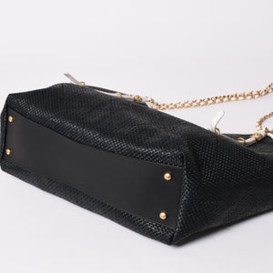 新品同様 CHANEL シャネル マキシショッピングバッグ ブレードラフィアエフェクトキャンバス カーフスキン CCロゴ ゴールド金具 レザー編み込み ランダム番台 中古 4a002469