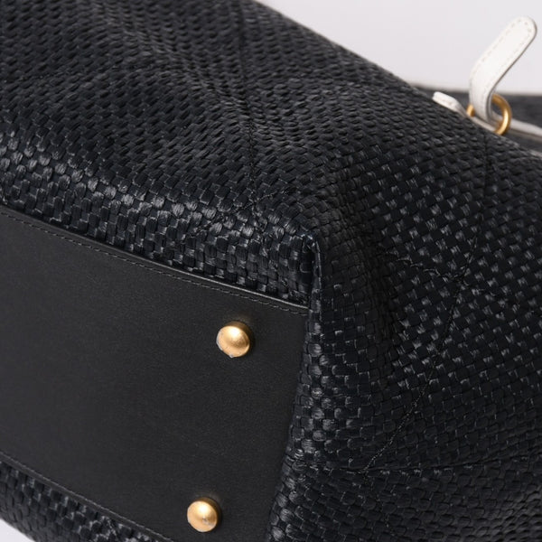新品同様 CHANEL シャネル マキシショッピングバッグ ブレードラフィアエフェクトキャンバス カーフスキン CCロゴ ゴールド金具 レザー編み込み ランダム番台 中古 4a002469