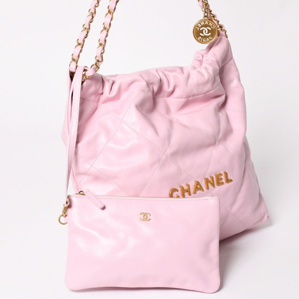 Like new CHANEL 22 handbag shoulder bag random number shiny calfskin pink cherry blossom silver hardware used 4a002769
