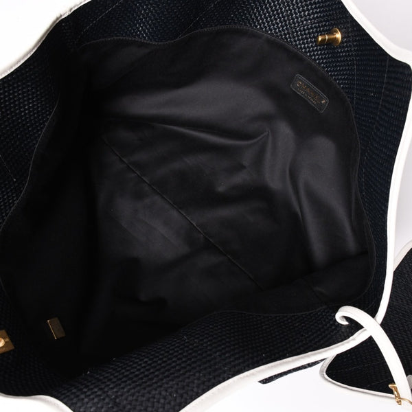新品同様 CHANEL シャネル マキシショッピングバッグ ブレードラフィアエフェクトキャンバス カーフスキン CCロゴ ゴールド金具 レザー編み込み ランダム番台 中古 4a002469