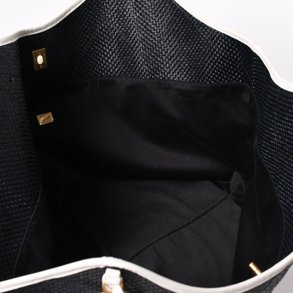 新品同様 CHANEL シャネル マキシショッピングバッグ ブレードラフィアエフェクトキャンバス カーフスキン CCロゴ ゴールド金具 レザー編み込み ランダム番台 中古 4a002469