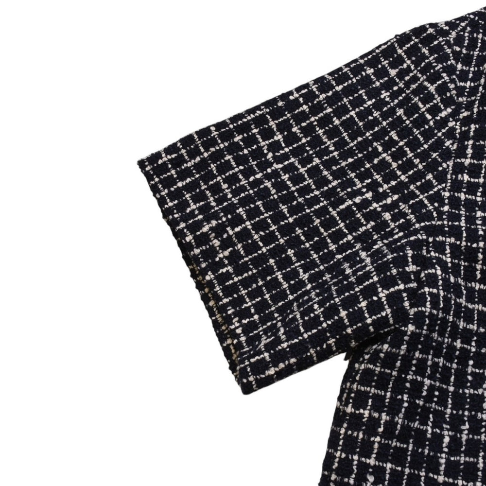 New and unused Miu Miu Check Tweed Jacket Navy Ivory Cropped Logo Applique Check Pattern Used 4a002444
