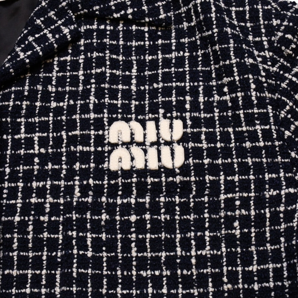 New and unused Miu Miu Check Tweed Jacket Navy Ivory Cropped Logo Applique Check Pattern Used 4a002444