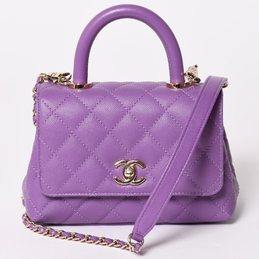 新品未使用 CHANEL シャネル マトラッセ ココ トップハンドル ミニ XS ハンドバッグ チェーンショルダー バッグ A92990 パープル 中古 4a002785
