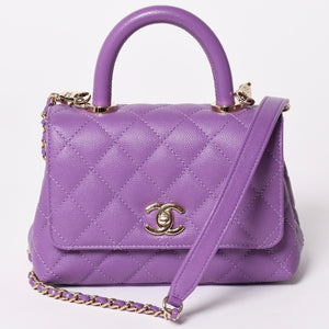 新品未使用 CHANEL シャネル マトラッセ ココ トップハンドル ミニ XS ハンドバッグ チェーンショルダー バッグ A92990 パープル 中古 4a002785