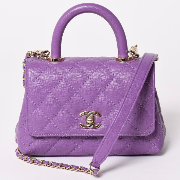 新品未使用 CHANEL シャネル マトラッセ ココ トップハンドル ミニ XS ハンドバッグ チェーンショルダー バッグ A92990 パープル 中古 4a002785