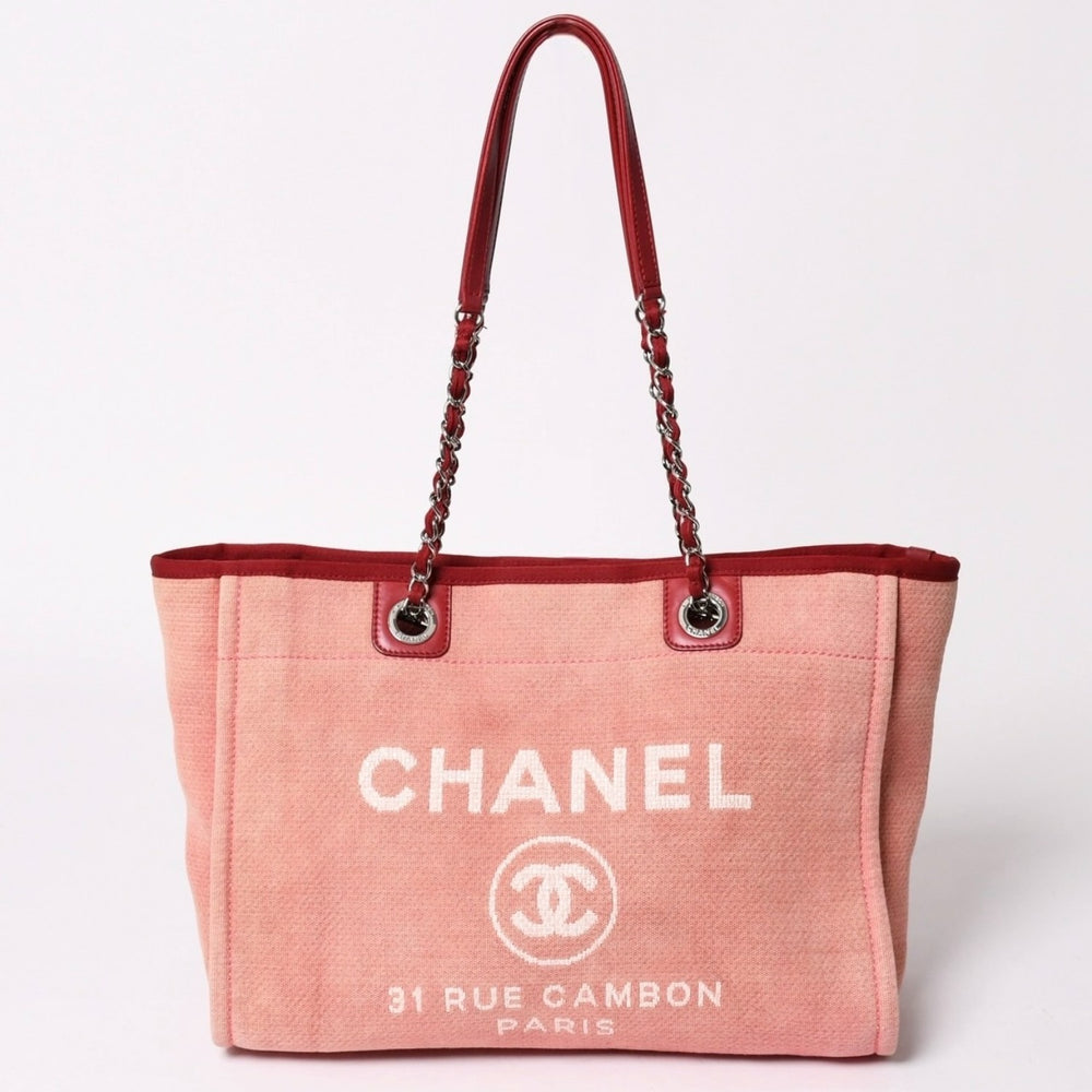 極美品 CHANEL シャネル ドーヴィルMM チェーントート トートバッグ ココマーク ピンク16番台 キャンバス レザー シルバー金具 中古 4a002945