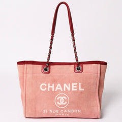 極美品 CHANEL シャネル ドーヴィルMM チェーントート トートバッグ ココマーク ピンク16番台 キャンバス レザー シルバー金具 中古 4a002945