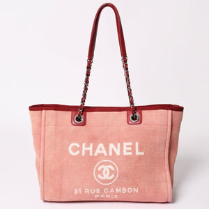 極美品 CHANEL シャネル ドーヴィルMM チェーントート トートバッグ ココマーク ピンク16番台 キャンバス レザー シルバー金具 中古 4a002945