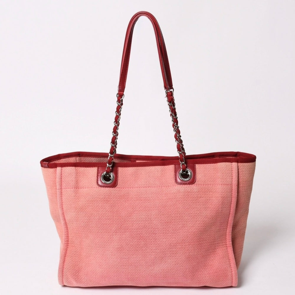 極美品 CHANEL シャネル ドーヴィルMM チェーントート トートバッグ ココマーク ピンク16番台 キャンバス レザー シルバー金具 中古 4a002945