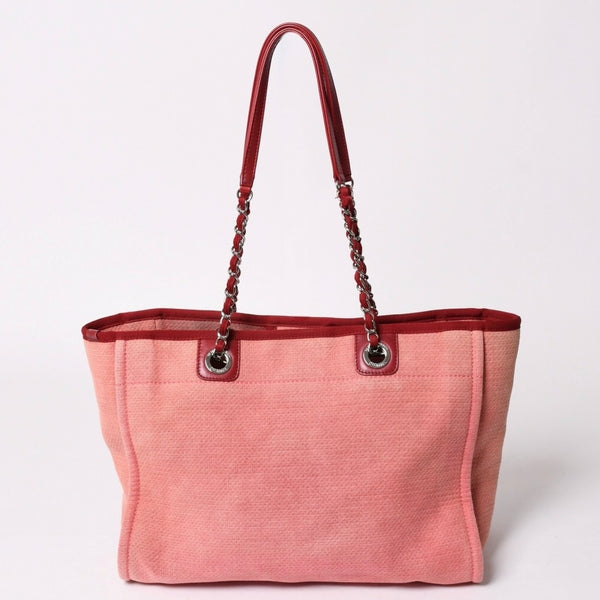 極美品 CHANEL シャネル ドーヴィルMM チェーントート トートバッグ ココマーク ピンク16番台 キャンバス レザー シルバー金具 中古 4a002945