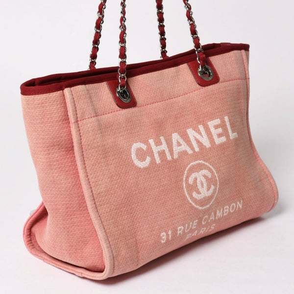 極美品 CHANEL シャネル ドーヴィルMM チェーントート トートバッグ ココマーク ピンク16番台 キャンバス レザー シルバー金具 中古 4a002945