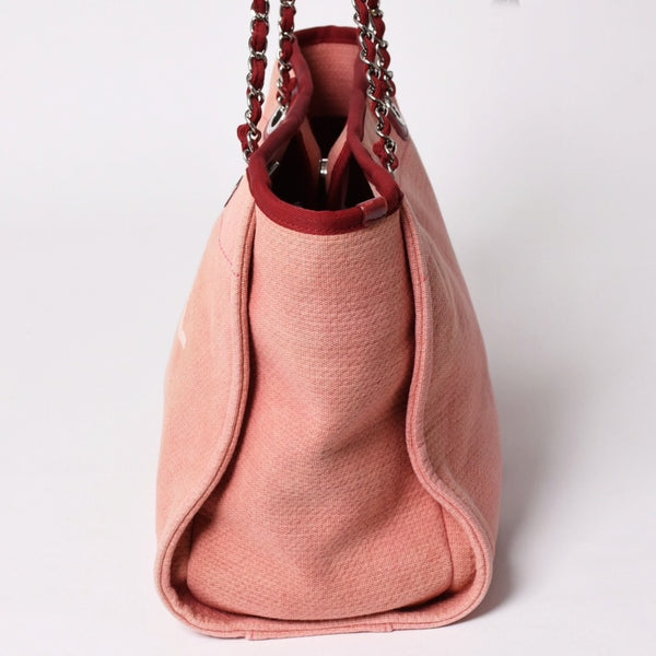 極美品 CHANEL シャネル ドーヴィルMM チェーントート トートバッグ ココマーク ピンク16番台 キャンバス レザー シルバー金具 中古 4a002945