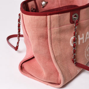 極美品 CHANEL シャネル ドーヴィルMM チェーントート トートバッグ ココマーク ピンク16番台 キャンバス レザー シルバー金具 中古 4a002945