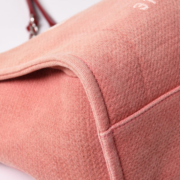 極美品 CHANEL シャネル ドーヴィルMM チェーントート トートバッグ ココマーク ピンク16番台 キャンバス レザー シルバー金具 中古 4a002945