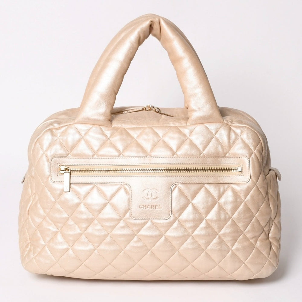極美品 CHANEL シャネル コココクーン ハンドバッグ A47205 7番台 ココマーク ナイロン ベージュ ボルドー ゴールド金具 中古 4a002829