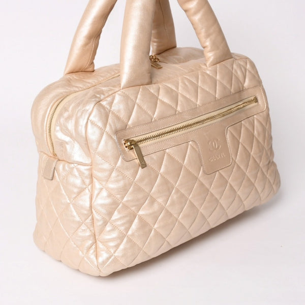 極美品 CHANEL シャネル コココクーン ハンドバッグ A47205 7番台 ココマーク ナイロン ベージュ ボルドー ゴールド金具 中古 4a002829