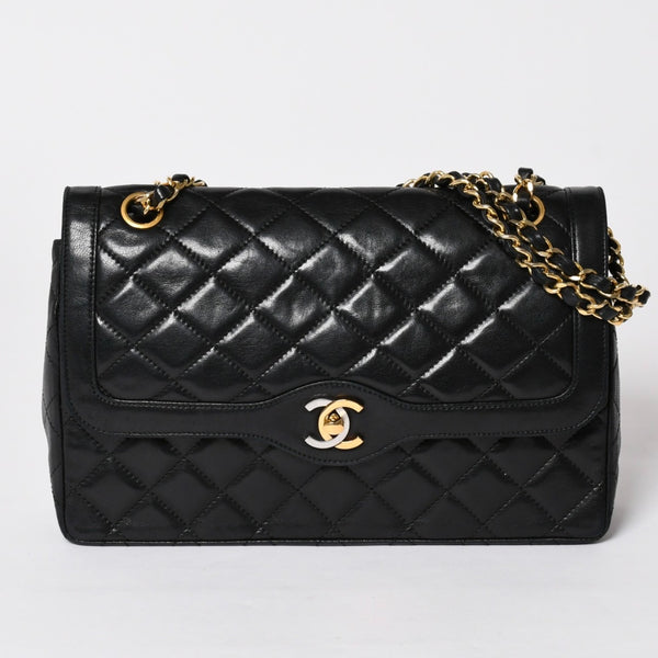 CHANEL シャネル マトラッセ Wフラップ Wチェーンショルダーバッグ A2800 1番台 パリ限定 ココマーク ラムスキン ブラック 美品 中古 4a003036