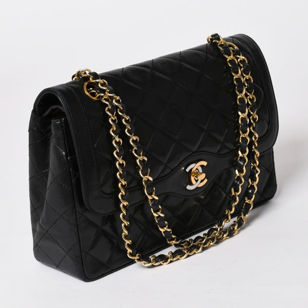 CHANEL シャネル マトラッセ Wフラップ Wチェーンショルダーバッグ A2800 1番台 パリ限定 ココマーク ラムスキン ブラック 美品 中古 4a003036