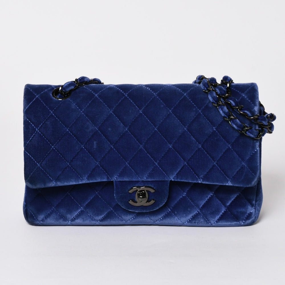 極美品 CHANEL シャネル マトラッセ 25 ショルダーバッグ ダブルフラップ 20番台 ベロア ブルー系 ブラック金具 中古 4a002858
