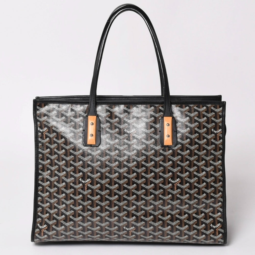 GOYARD ゴヤール トートバッグ マルキーズ PVCコーティングキャンバス ブラック ウッドパーツ VIT120141 シルバー金具 美品 中古 4a002886