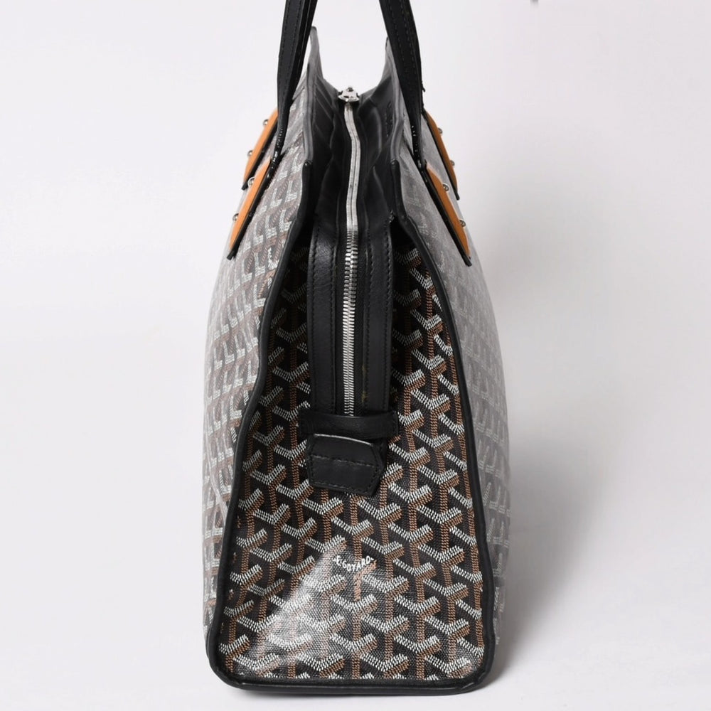 GOYARD ゴヤール トートバッグ マルキーズ PVCコーティングキャンバス ブラック ウッドパーツ VIT120141 シルバー金具 美品 中古 4a002886
