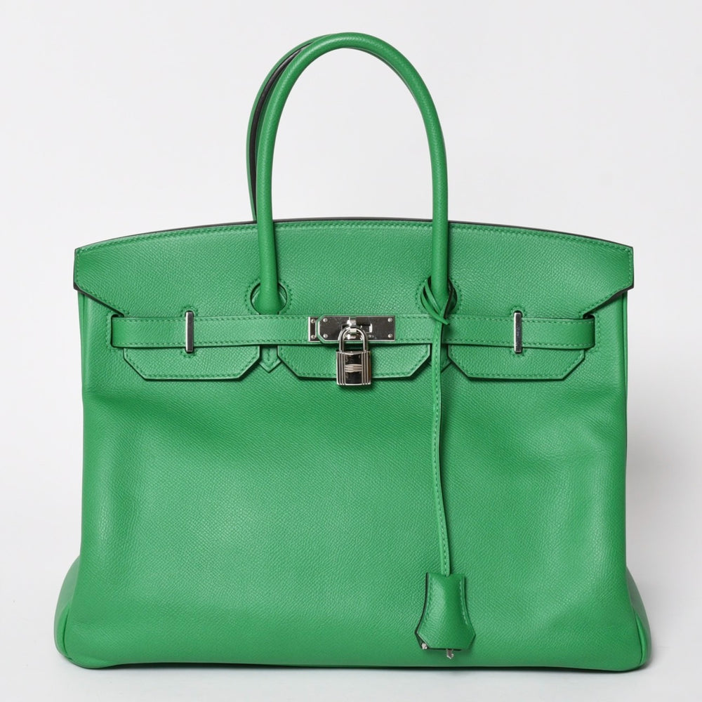 極美品 HERMES エルメス BIRKIN バーキン35 バンブー グリーン シルバー金具 ヴォーエプソン ハンドバッグ □R刻印 中古 4a002841