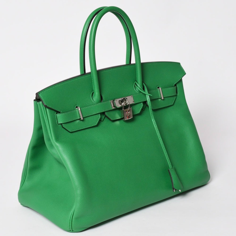 極美品 HERMES エルメス BIRKIN バーキン35 バンブー グリーン シルバー金具 ヴォーエプソン ハンドバッグ □R刻印 中古 4a002841
