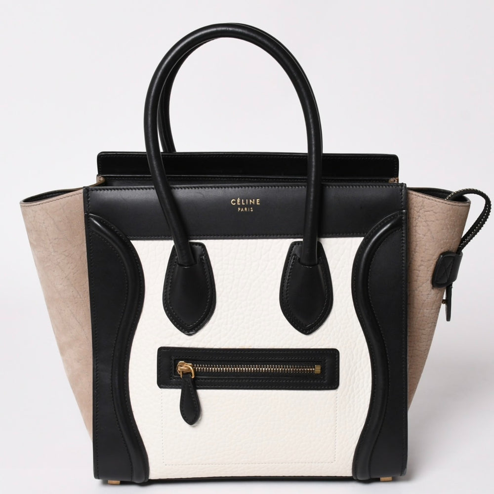 極美品 CELINE セリーヌ ラゲージマイクロショッパー ショルダーバッグ ハンドバッグ トリコロール カーフスキン スエード ヌバック ゴールド金具 廃盤 中古 4a002941