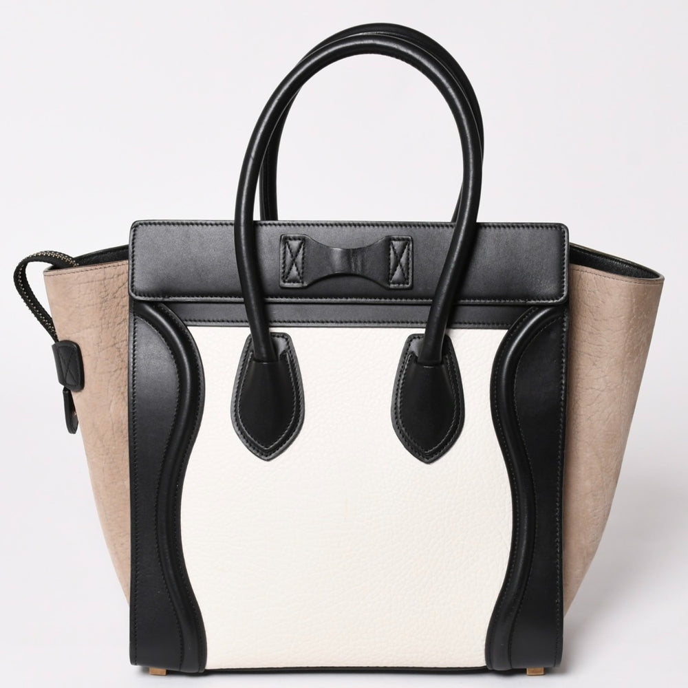 極美品 CELINE セリーヌ ラゲージマイクロショッパー ショルダーバッグ ハンドバッグ トリコロール カーフスキン スエード ヌバック ゴールド金具 廃盤 中古 4a002941