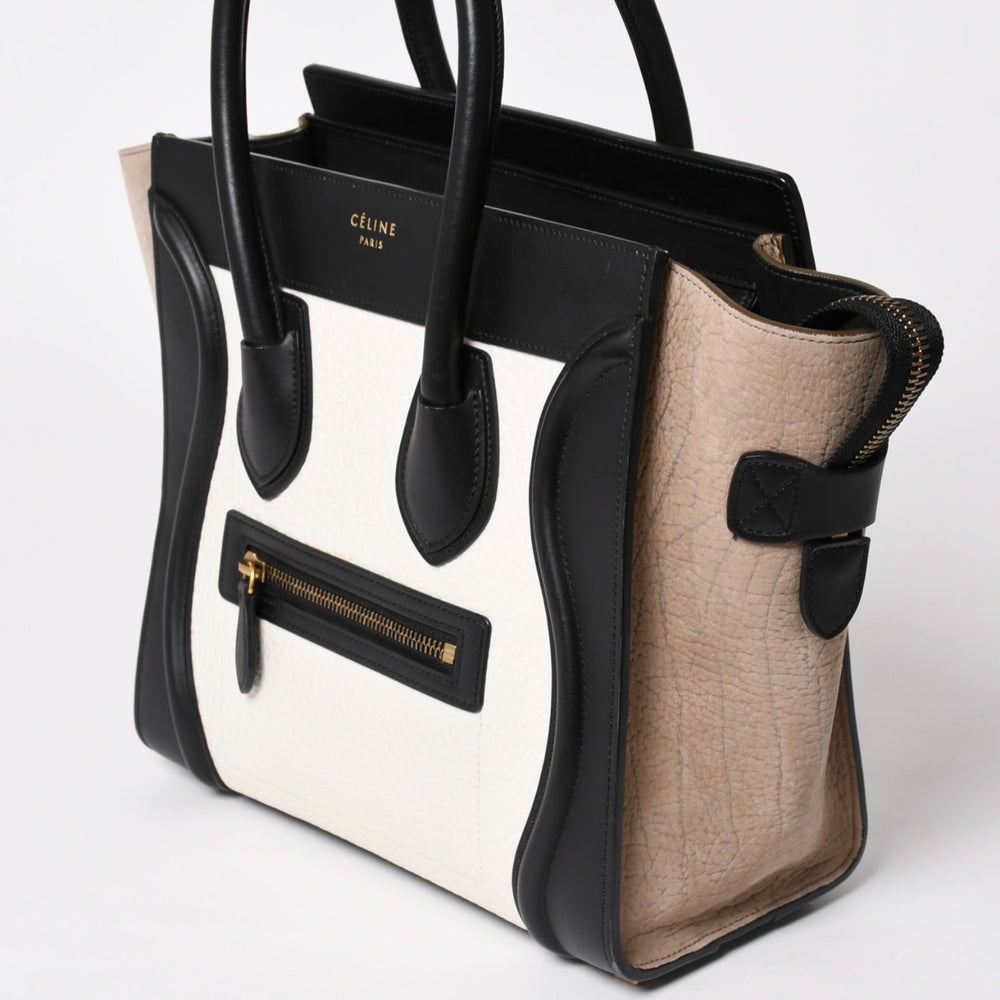 Very Good Condition CELINE Luggage Micro Shopper Shoulder Bag Handbag Tricolor Calfskin Suede Nubuck Gold Hardware Discontinued Used 4a002941